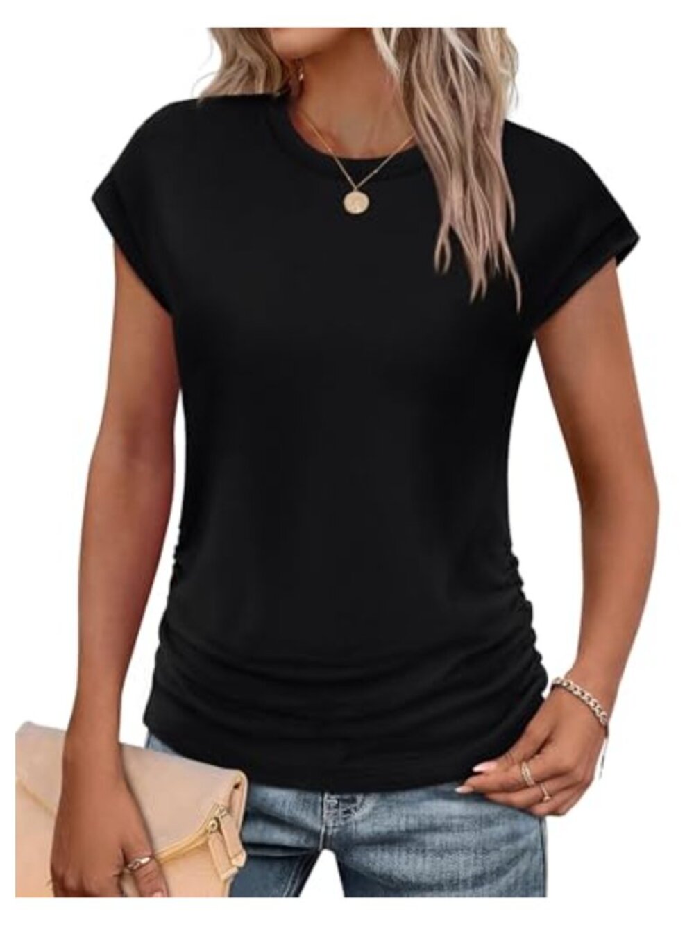 Womens Ruched Side Cap Short Sleeve Crew Neck T-Shirt Summer Top